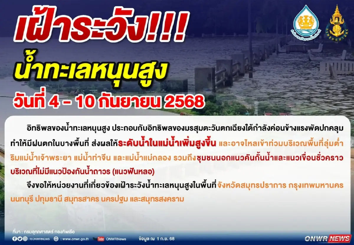 สทนช. ประกาศ กทม. ปริมณฑล เฝ้าระวังน้ำทะเลหนุนสูง 4 – 10 ก.ย.68
