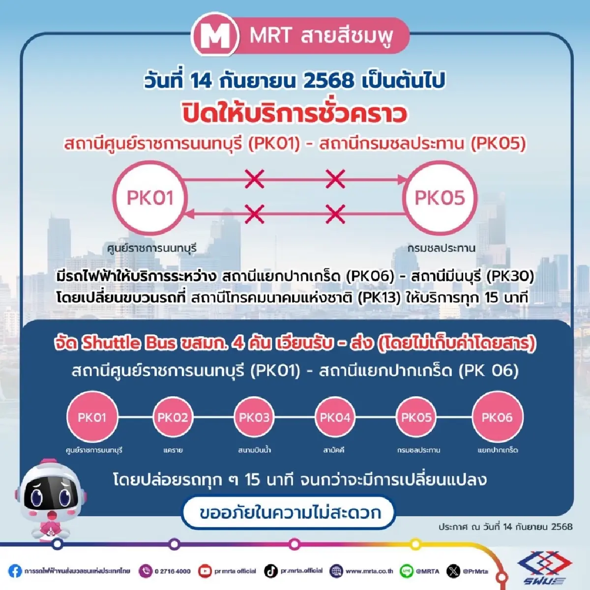 MRT สายสีชมพูขัดข้อง เช็กเลย! เส้นทางเดินรถรับ-ส่งฟรี จาก ขสมก.
