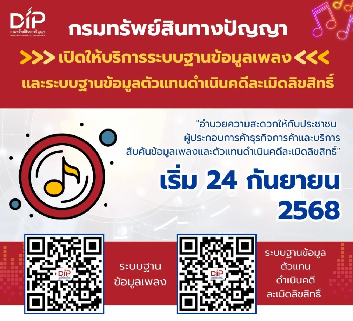 กรมทรัพย์สินทางปัญญา เปิดระบบฐานข้อมูลเพลง-ลิขสิทธิ์  ดีเดย์ 24  ก.ย.นี้