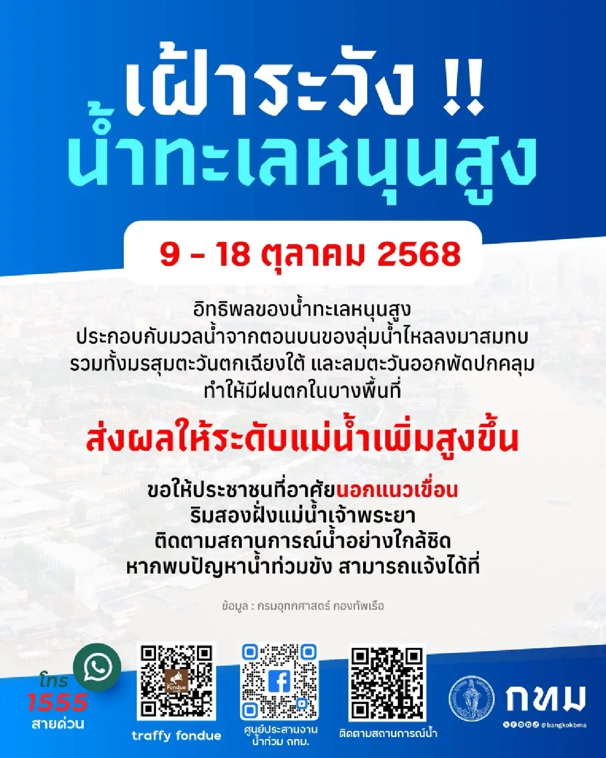 9-18 ต.ค.68 น้ำเจ้าพระยาเพิ่มสูง กทม. เตรียมรับมือ น้ำทะเลหนุนสูง