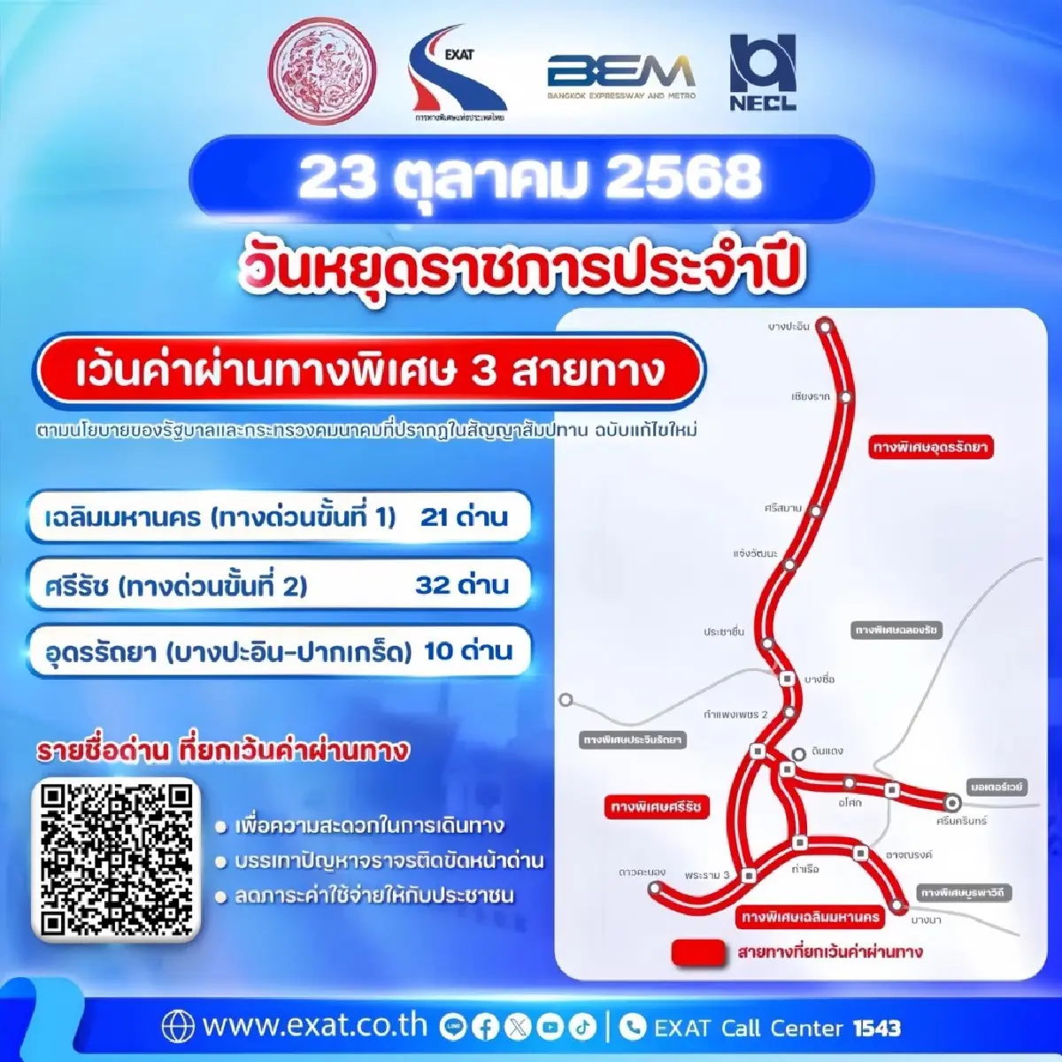 23 ตุลาคม 2568 วันปิยมหาราช ขึ้นทางด่วนฟรี กทพ. ยกเว้นค่าผ่านทาง 3 สายทาง