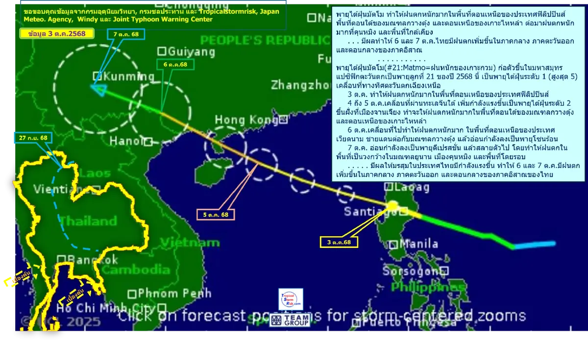 เปิดเส้นทางพายุไต้ฝุ่น 'มัตโม' กระทบไทย 6-7 ต.ค. ฝนตกหนัก 3 ภาคหลัก