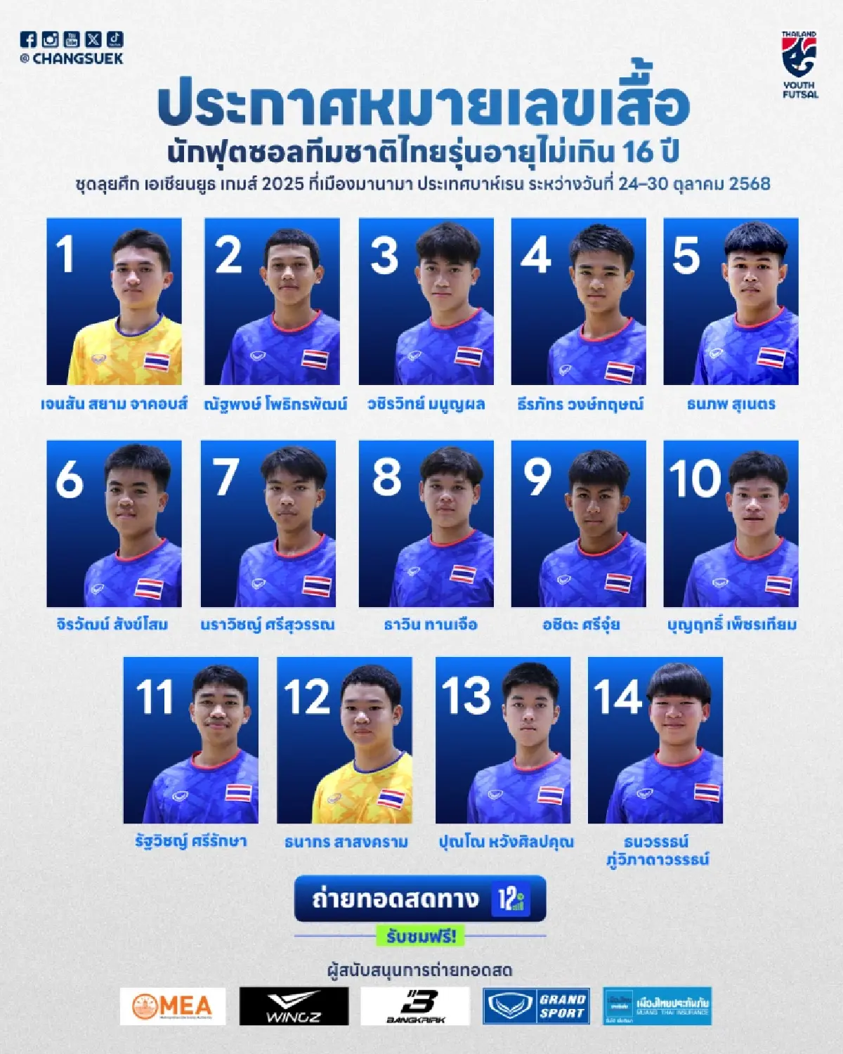 LIVE ถ่ายทอดสดฟุตซอล U16 'ไทย พบ ซาอุฯ' ดูบอลสด Asian Youth Games 2025
