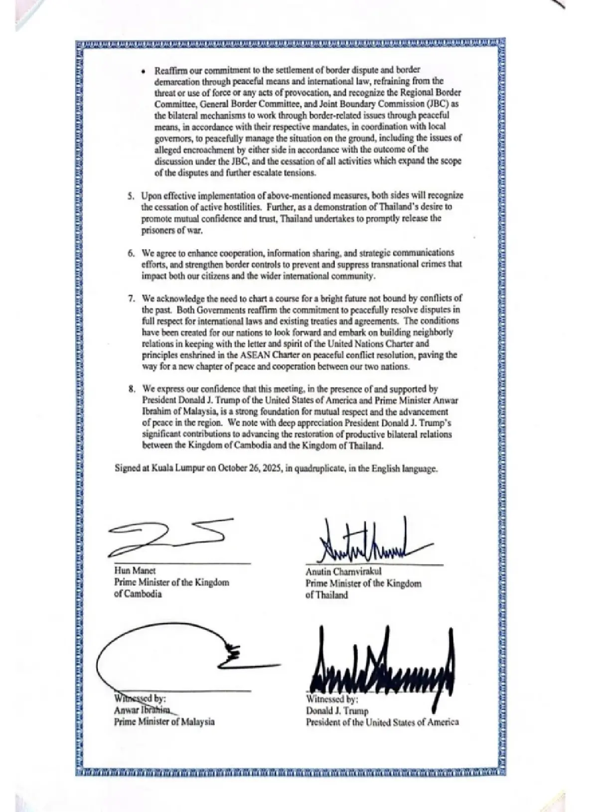 เปิดเอกสาร ข้อตกลงสันติภาพ ‘ไทย-กัมพูชา’ 4เงื่อนไข เลิกปรปักษ์ ปล่อยเชลย