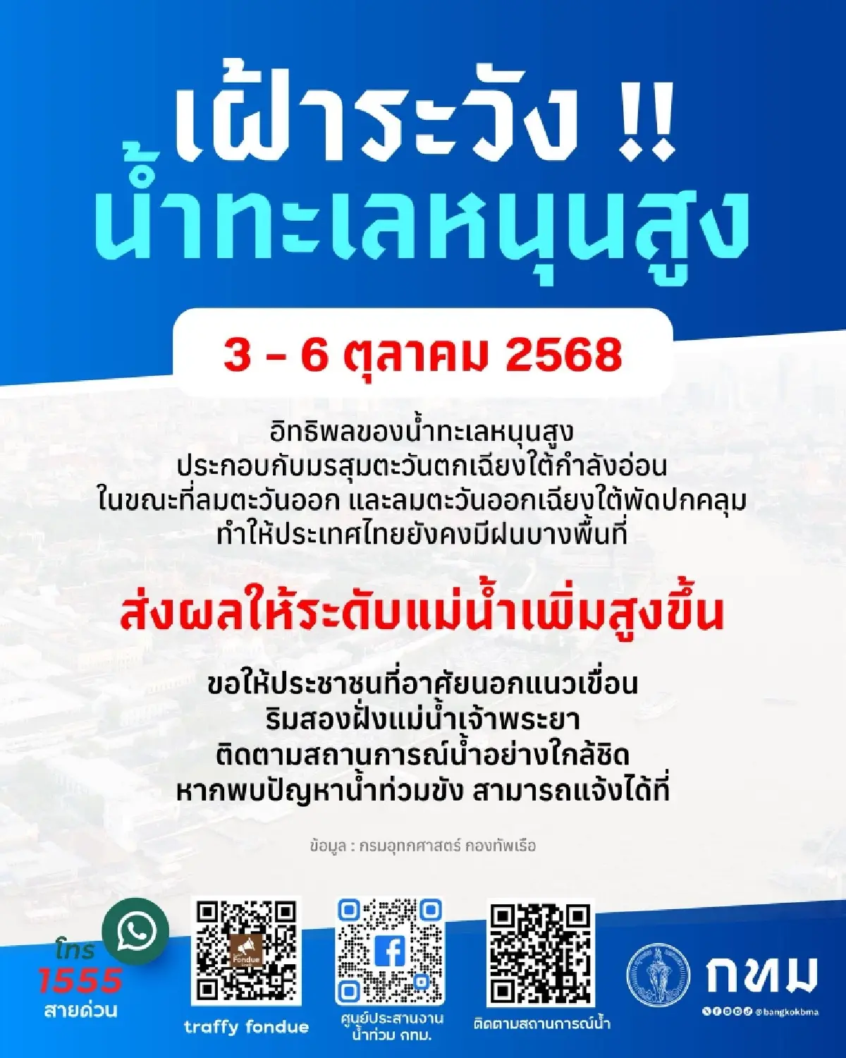กรุงเทพมหานคร เตือนฝนตกหนัก ทำให้น้ำทะเลหนุนสูง 3–6 ต.ค.68