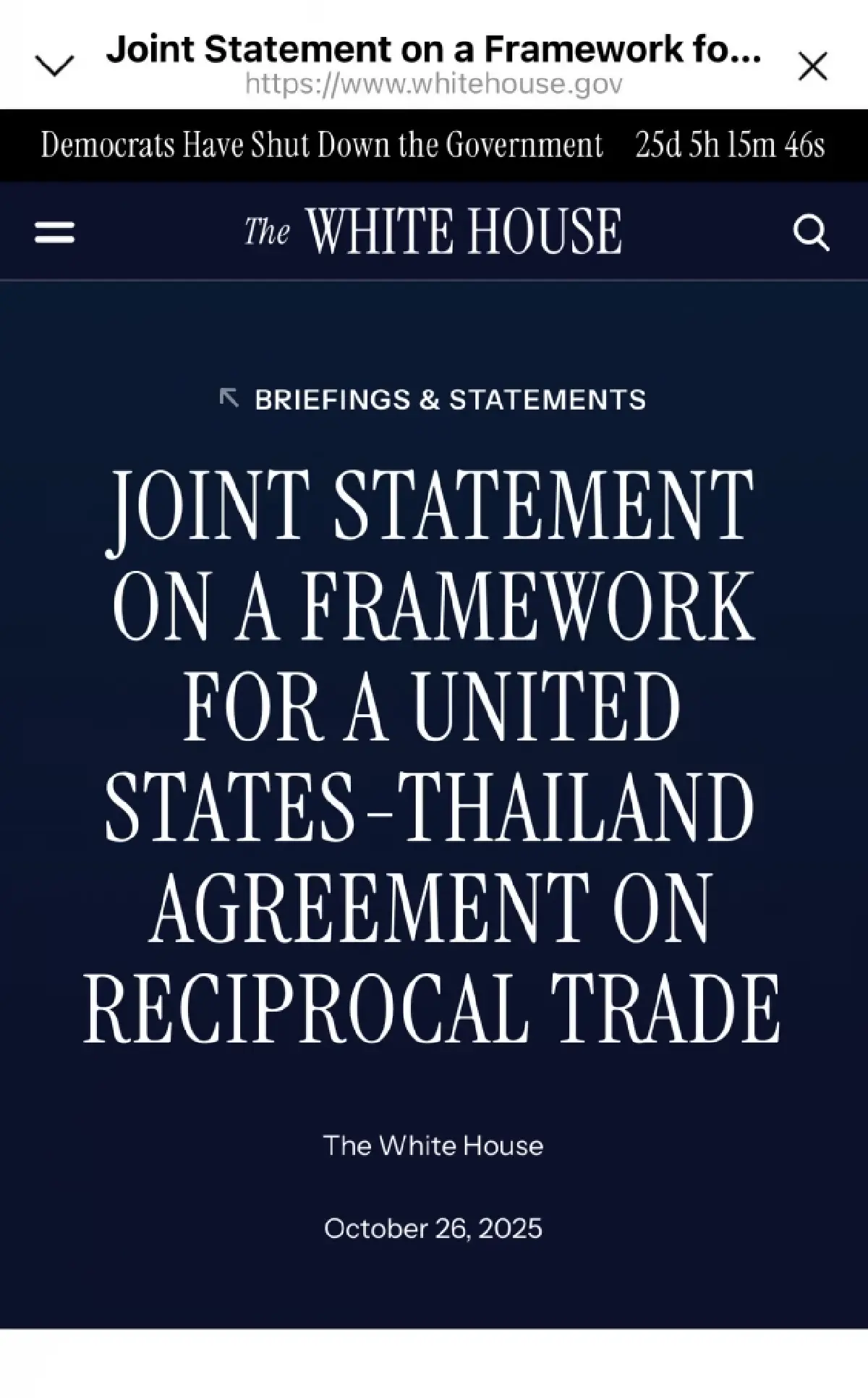 ไทย-สหรัฐฯ ประกาศแถลงการณ์ร่วมว่าด้วยกรอบความตกลงการค้าต่างตอบแทน