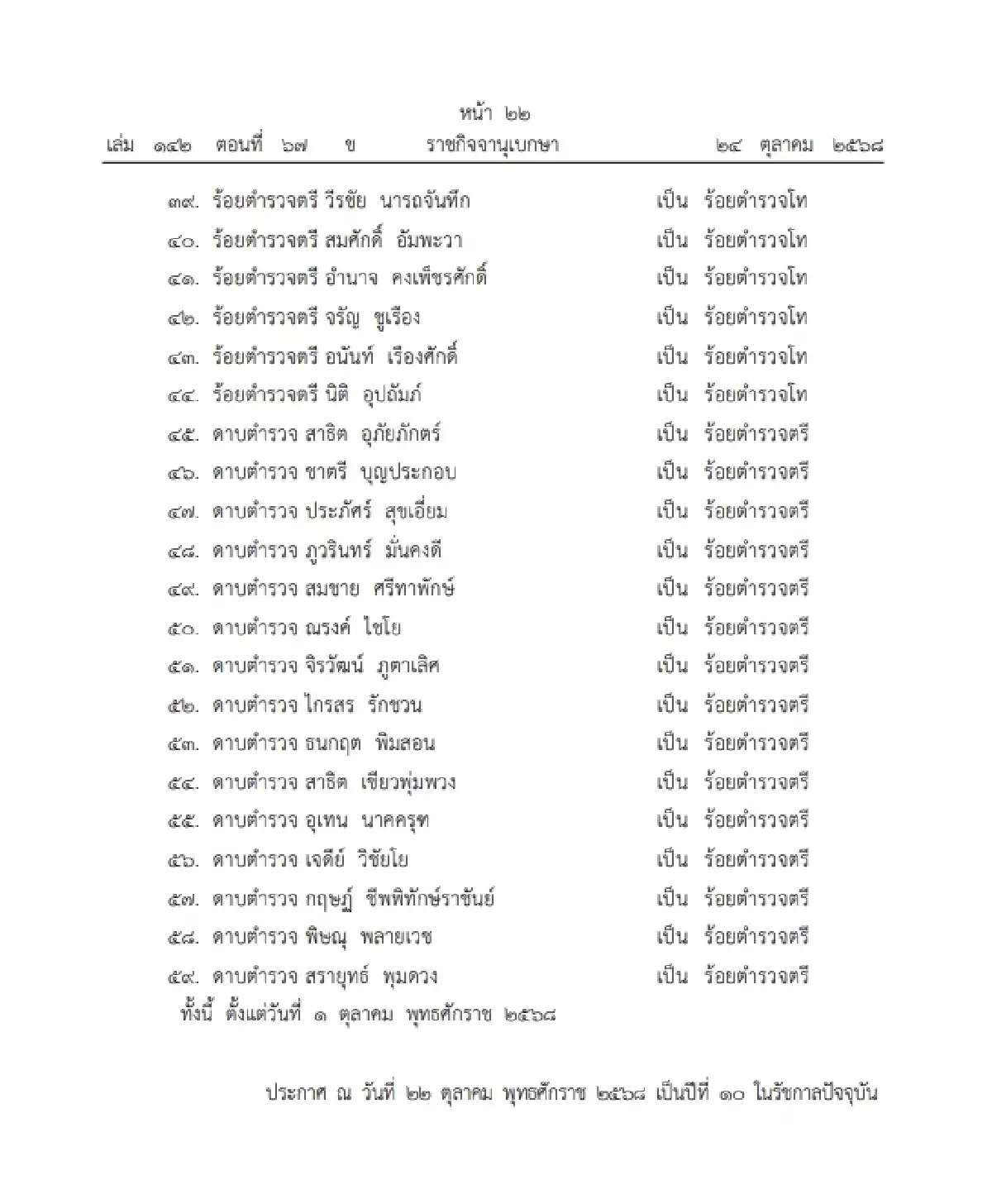 โปรดเกล้าฯ พระราชทานยศข้าราชการในพระองค์ฝ่ายตำรวจชั้นสัญญาบัตร จำนวน 59 นาย