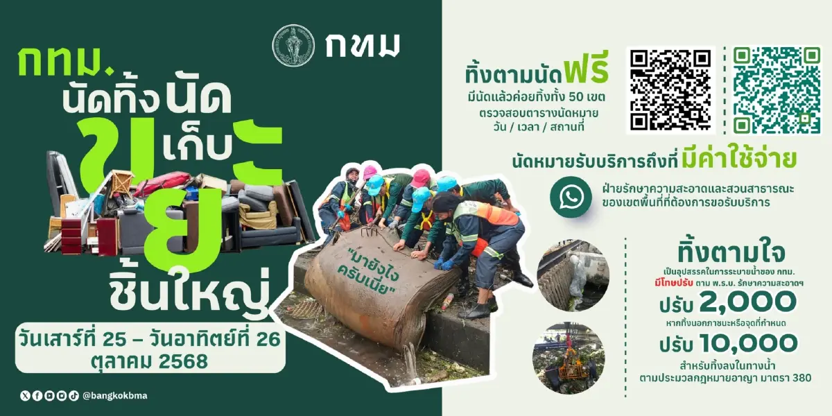 กทม. เปิดจุดรับ ‘นัดทิ้ง นัดเก็บ ขยะชิ้นใหญ่ฟรี’ ทุกเขต 25-26 ต.ค.68