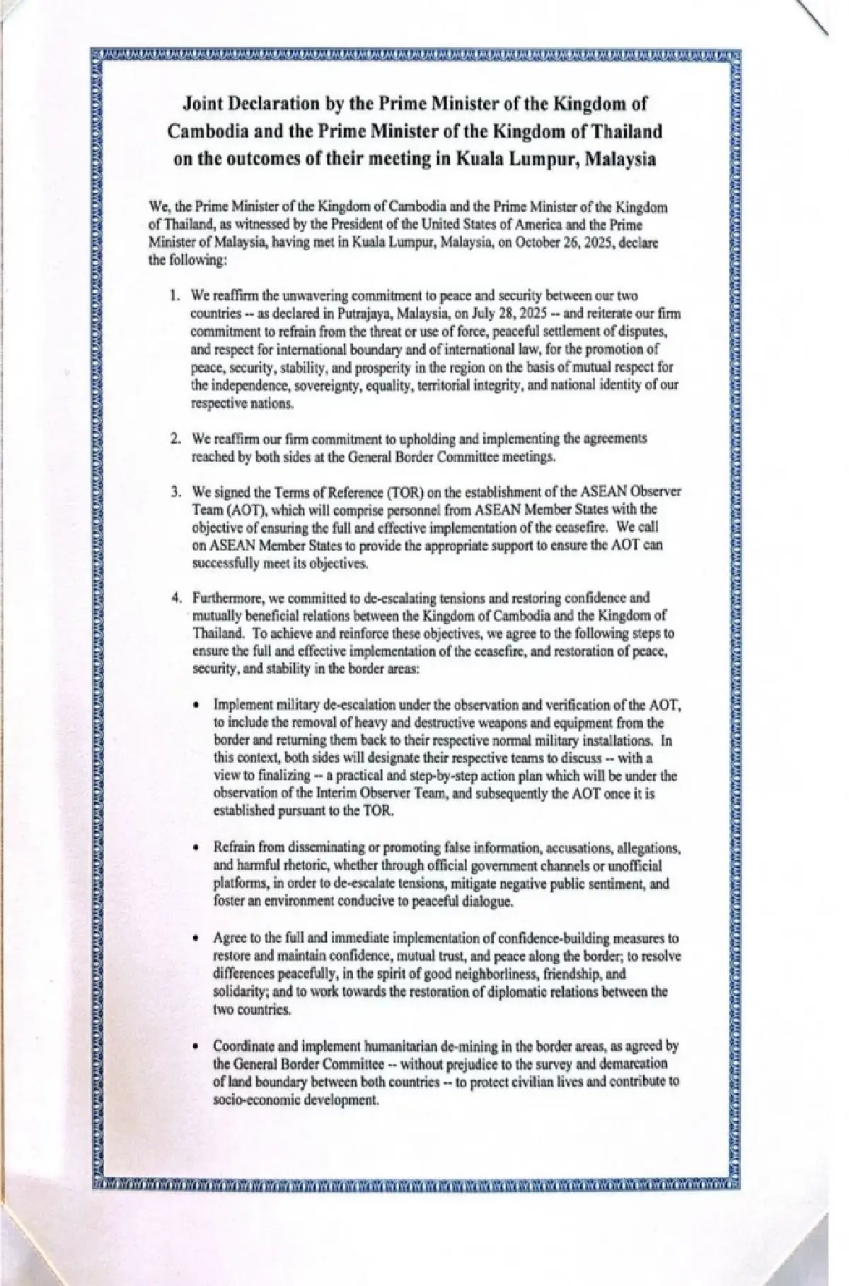 เปิดเอกสาร ข้อตกลงสันติภาพ ‘ไทย-กัมพูชา’ 4เงื่อนไข เลิกปรปักษ์ ปล่อยเชลย