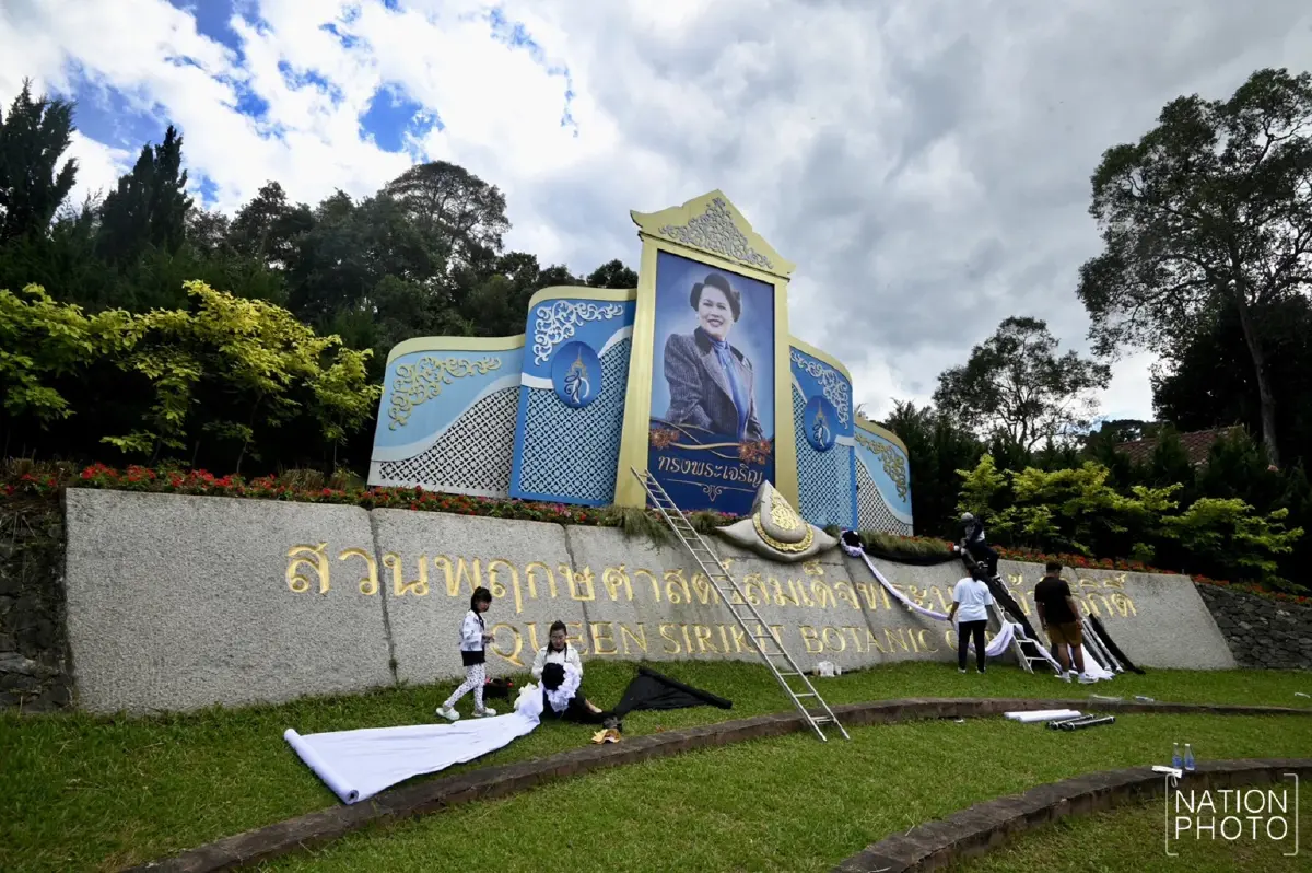 สวนพฤกษศาสตร์สมเด็จพระนางเจ้าสิริกิติ์ ประดับผ้าขาว-ดำ แสดงความอาลัย พระพันปีหลวง