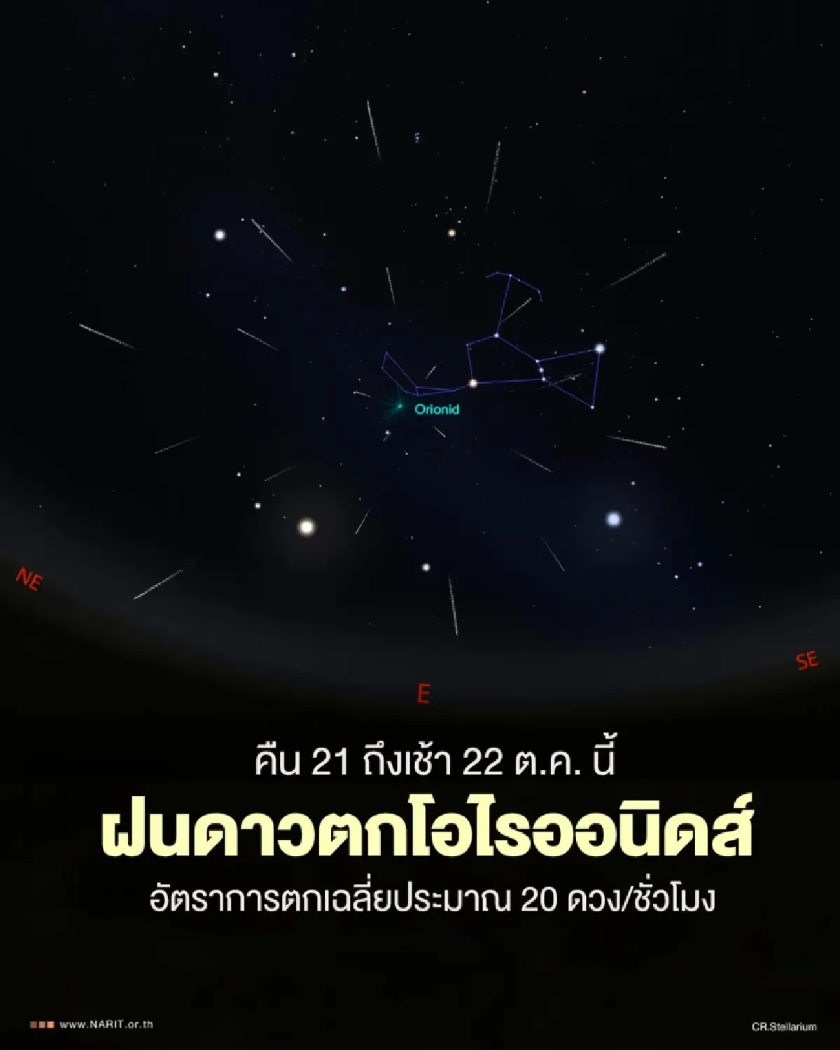 คืนนี้ ชวนดู "ฝนดาวตกโอไรออนิดส์" อัตราการตกสูงสุดเฉลี่ย 20 ดวง/ชั่วโมง