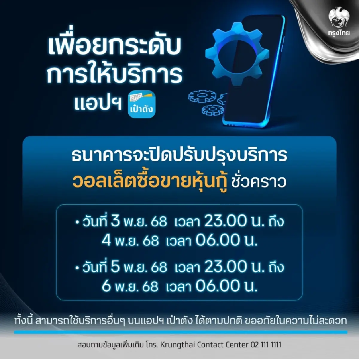 'กรุงไทย' ปิดระบบเป๋าตัง 14 ชั่วโมง บริการวอลเล็ตซื้อขายหุ้นกู้