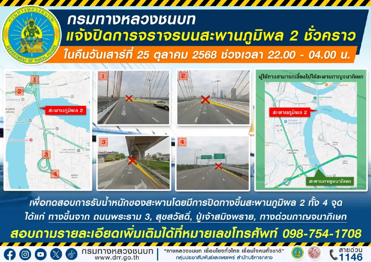 ผู้ใช้ทางเช็ก! แจ้งด่วน "ปิดการจราจร" ชั่วคราวบน "สะพานภูมิพล 2" 25 ต.ค. 68