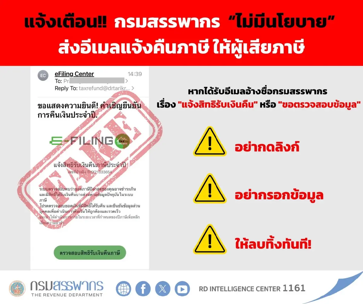 แจ้งด่วน! กรมสรรพากร เตือนภัย ระวังมิจฉาชีพ 'ส่งอีเมลปลอม' อ้าง 'คืนเงินภาษี'