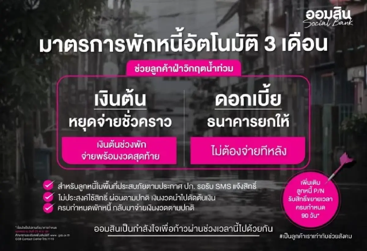 ออมสิน ช่วยน้ำท่วม พักหนี้อัตโนมัติ 3 เดือน ดอกเบี้ยไม่ต้องจ่าย