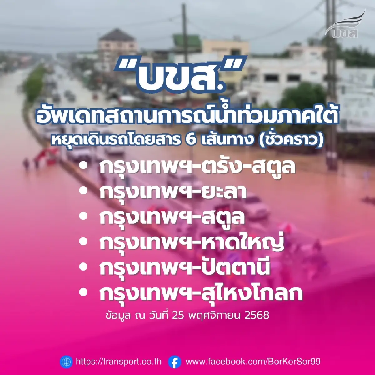 บขส. หยุดเดินรถโดยสาร 6 เส้นทางชั่วคราว หลังน้ำท่วมภาคใต้ยังวิกฤต