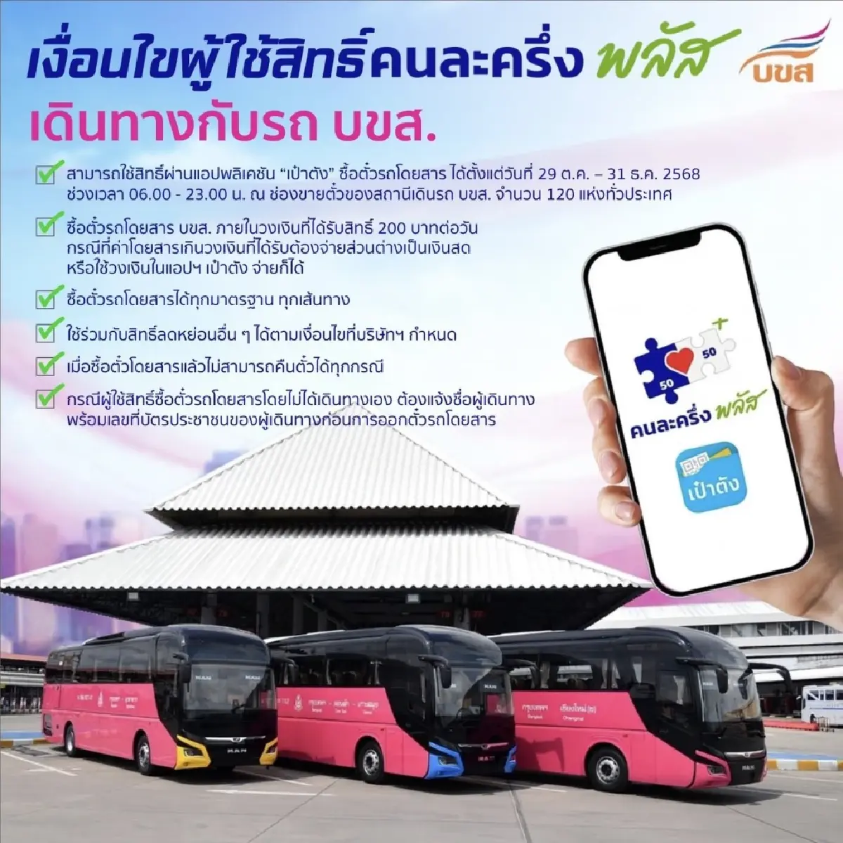 ย้ำ! “คนละครึ่งพลัส” ซื้อตั๋วโดยสาร บขส. ได้ ยอดใช้สิทธิ์ล่าสุดพุ่งเกือบ 5 พันคน