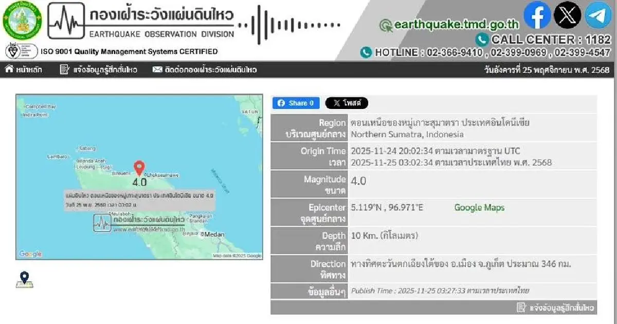 จับตาแผ่นดินไหวล่าสุด จุดศูนย์กลางเกาะสุมาตรา ใกล้ภาคใต้ ภูเก็ต