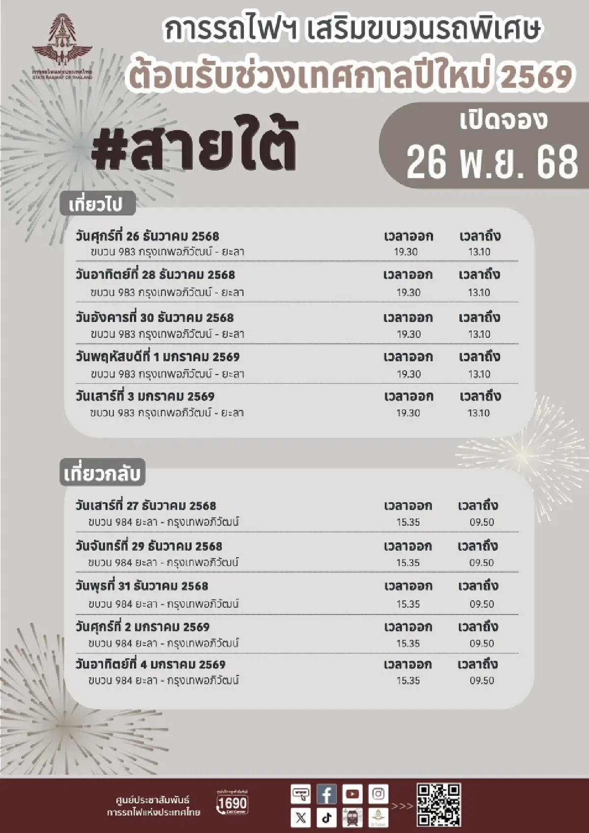 การรถไฟฯ เพิ่มขบวนรถพิเศษ 18 ขบวน สายเหนือ-อีสาน-ใต้ รองรับปชช.เดินทางปีใหม่ 69