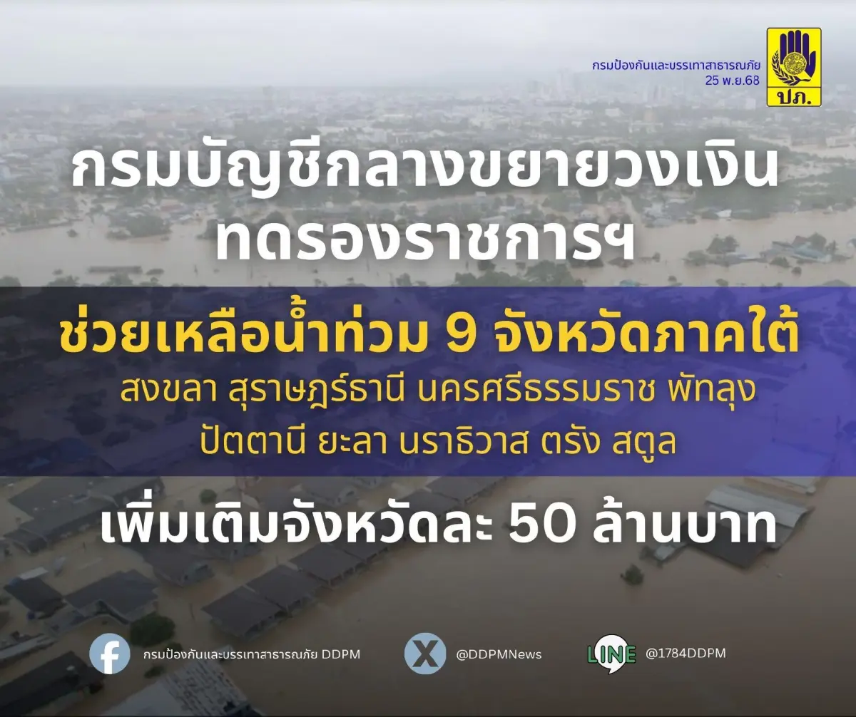 อนุมัติแล้ว! เงินฉุกเฉิน 50 ล้านบาท/จังหวัด ช่วยน้ำท่วม 9 จังหวัดใต้