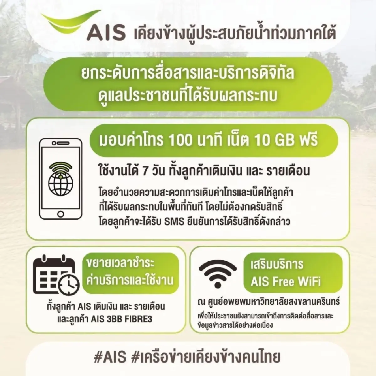 เอไอเอส–ทรู ระดมกำลังช่วยน้ำท่วมใต้ มอบโทร–เน็ตฟรี เสริมสัญญาณ 24 ชม.