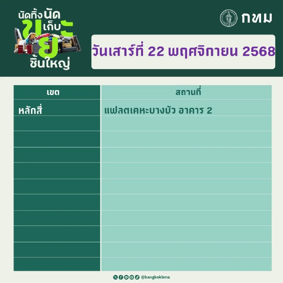 จุดรับ กทม. ‘นัดทิ้ง นัดเก็บ ขยะชิ้นใหญ่ฟรี’ ทุกสำนักงานเขต 23-23 พ.ย.68