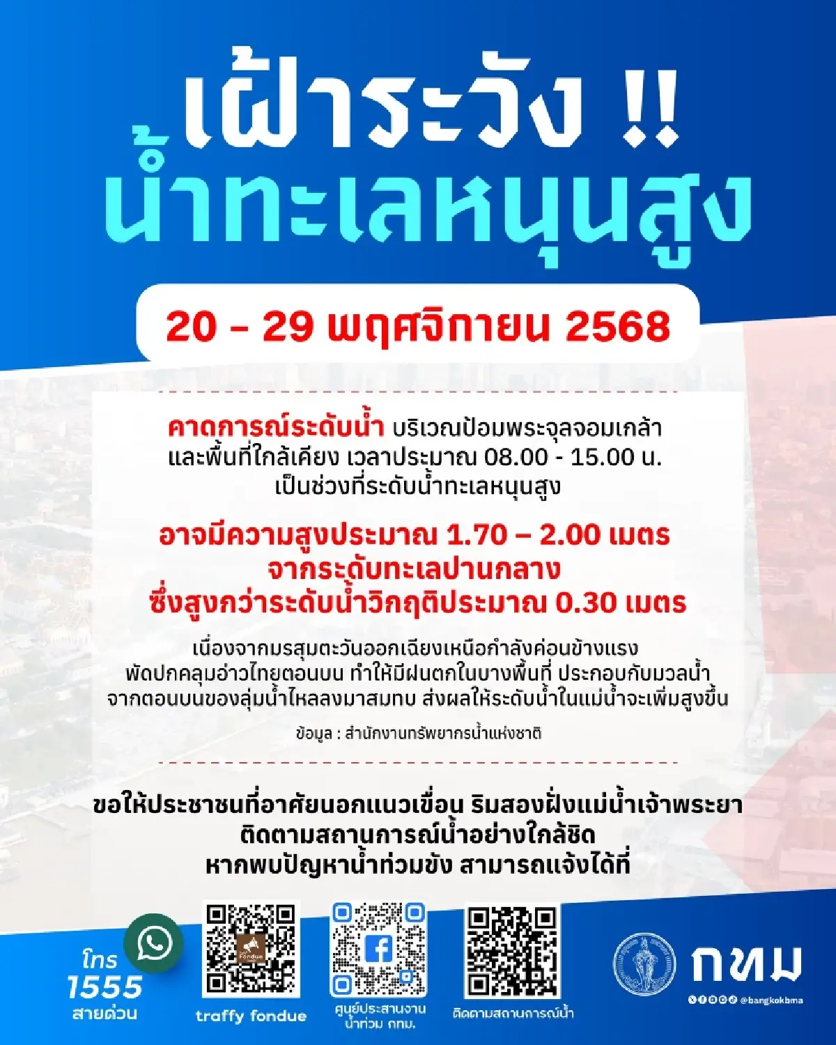 กทม. เตือน น้ำทะเลหนุนสูง 20 - 29 พ.ย. 68 เสี่ยงท่วมหนักริมเจ้าพระยา