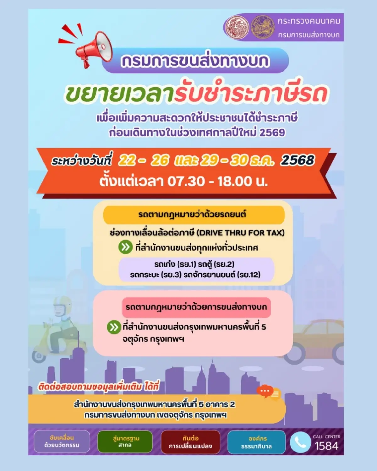 ขนส่งทางบก ขยายเวลารับชำระภาษีรถยนต์ ผ่านช่องทางเลื่อนล้อต่อภาษี