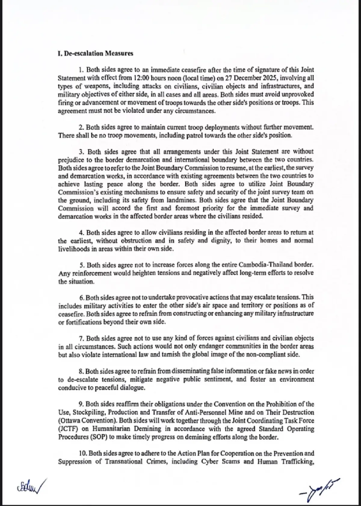 เปิดถ้อยแถลง ไทย-กัมพูชา หยุดยิงทันที 12.00 น. 27 ธ.ค. ไม่เคลื่อนย้ายกำลัง