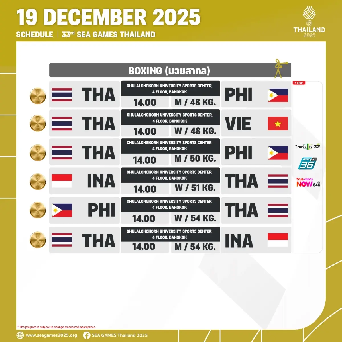 สรุปเหรียญทองซีเกมส์ 2025 (19 ธ.ค.68) โปรแกรมแข่ง SEA Games 2025