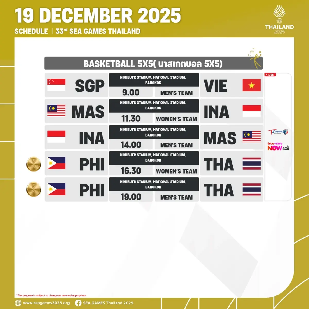 สรุปเหรียญทองซีเกมส์ 2025 (19 ธ.ค.68) โปรแกรมแข่ง SEA Games 2025