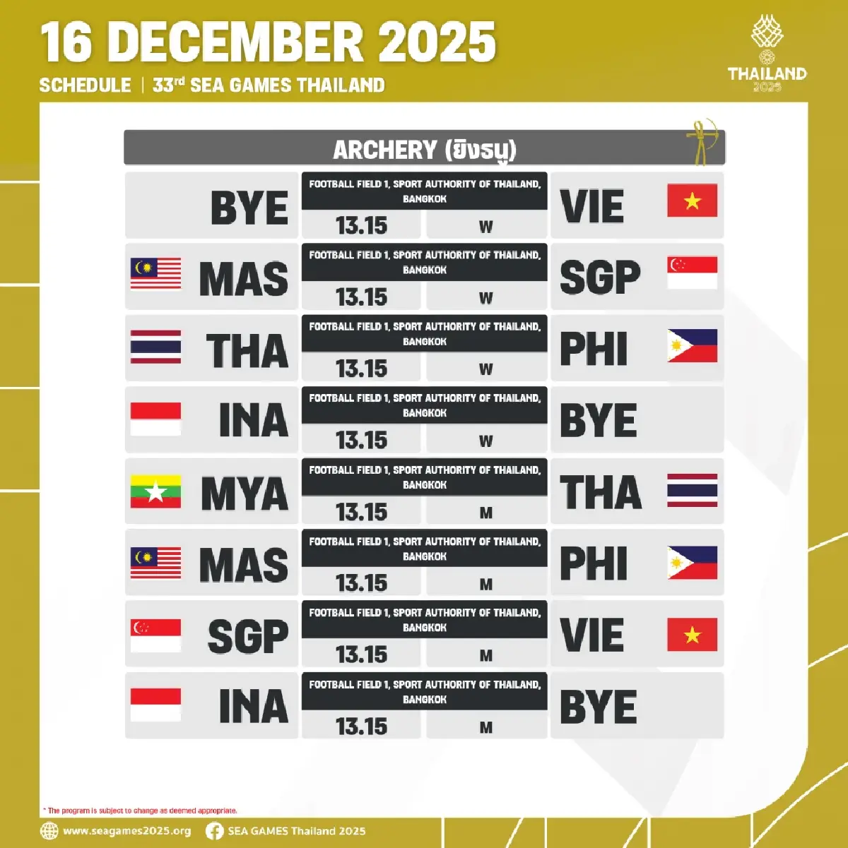 สรุปเหรียญทองซีเกมส์ 2025 (16 ธ.ค.68) ดูโปรแกรมแข่ง SEA Games 2025