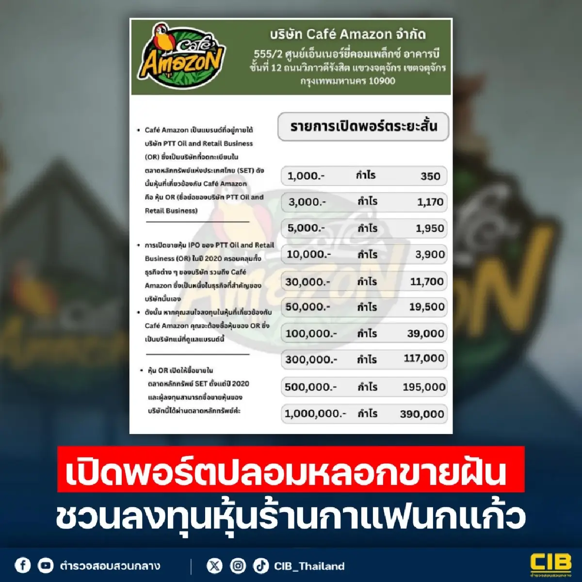 ชวนลงทุนร้านกาแฟ Cafe Amazon ระวังเปิดพอร์ตปลอมหลอกขายฝัน