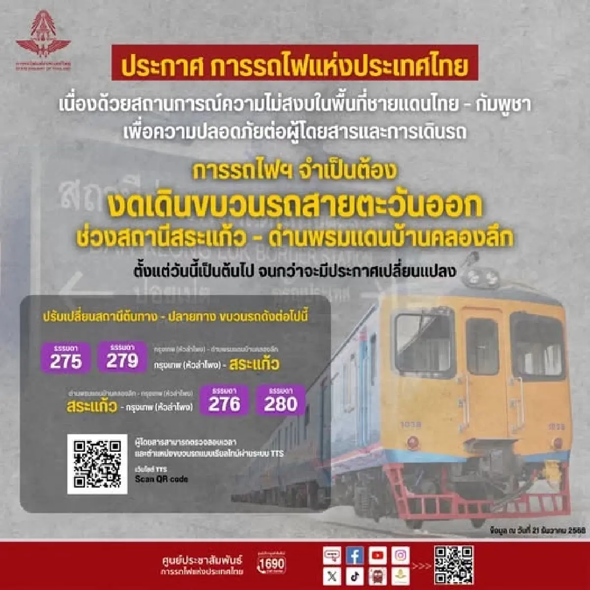 รฟท. สั่งปิดสถานีอรัญประเทศ พร้อมปรับแผนเดินรถ หนีเหตุปะทะชายแดน