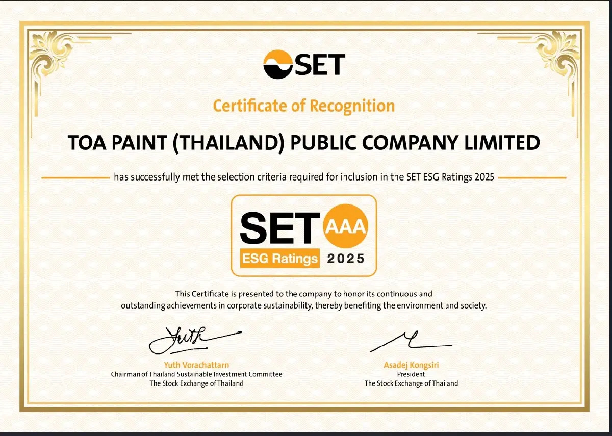 TOA คว้าหุ้นยั่งยืน ระดับสูงสุด ‘AAA’ จากการประเมิน SET ESG Ratings ปี 2568