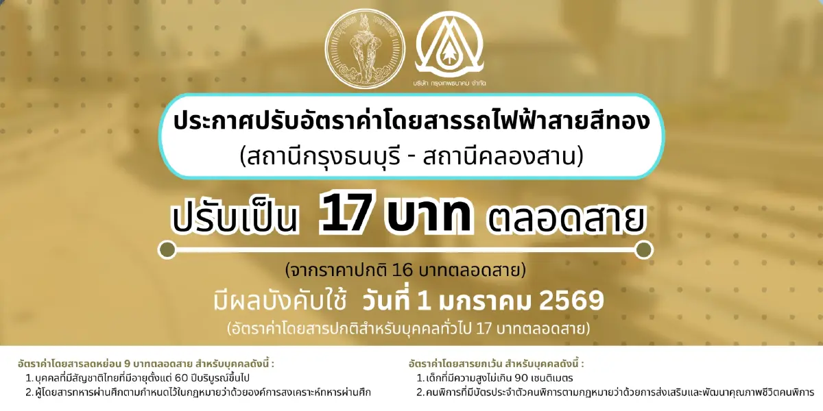 'รถไฟฟ้าสายสีทอง' ปรับราคาค่าโดยสาร 17 บาทตลอดสาย เริ่ม 1 ม.ค.นี้