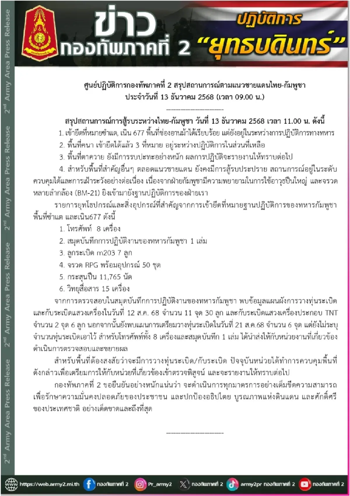 ทภ.2 ยึดฐานทหารกัมพูชา 'ซำแต-เนิน 677' พบข้อมูลวางทุ่นระเบิด
