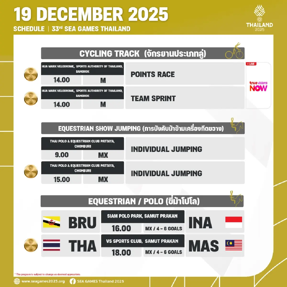 สรุปเหรียญทองซีเกมส์ 2025 (19 ธ.ค.68) โปรแกรมแข่ง SEA Games 2025