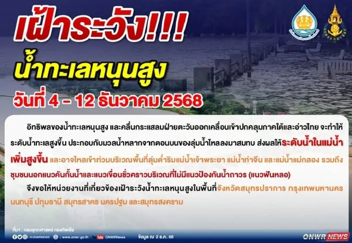 7 จังหวัดริมเจ้าพระยา เฝ้าระวัง 9 วันเต็ม น้ำทะเลหนุนสูง 4 - 12 ธ.ค. 68
