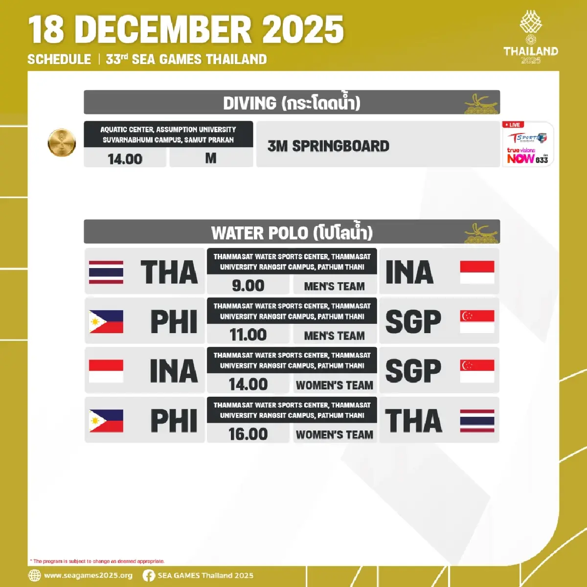 โปรแกรมวันนี้ SEA Games 2025 สรุปเหรียญทองซีเกมส์ 2025 (18 ธ.ค.68)