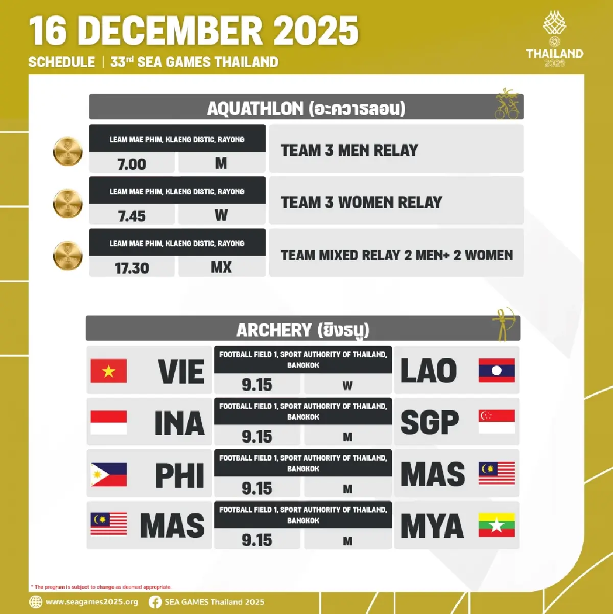 สรุปเหรียญทองซีเกมส์ 2025 (16 ธ.ค.68) ดูโปรแกรมแข่ง SEA Games 2025