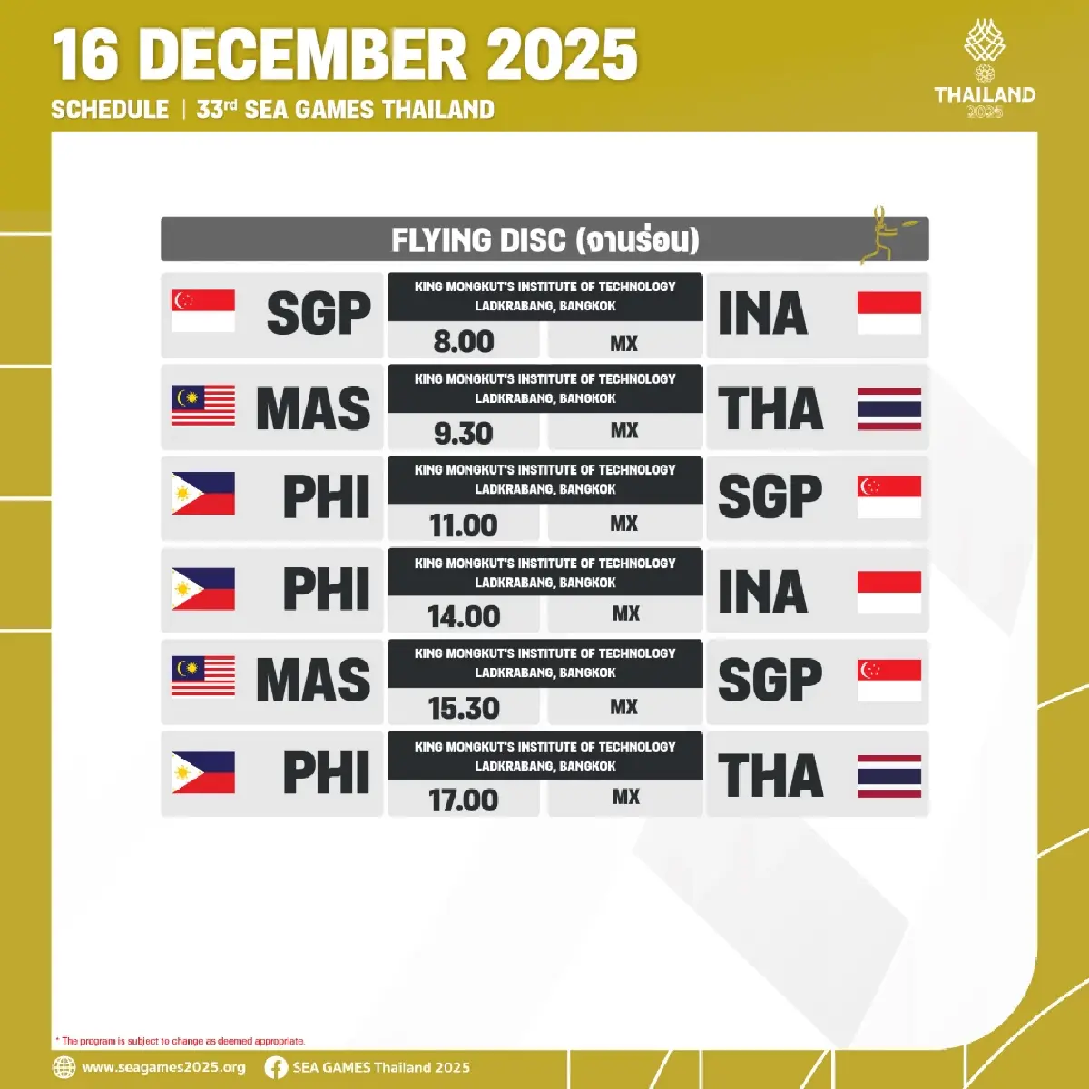 สรุปเหรียญทองซีเกมส์ 2025 (16 ธ.ค.68) ดูโปรแกรมแข่ง SEA Games 2025