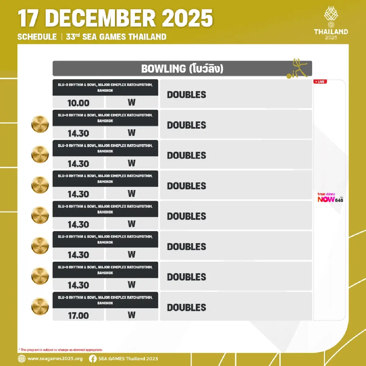 สรุปเหรียญทองซีเกมส์ 2025 (17 ธ.ค.68) โปรแกรมแข่งวันนี้ SEA Games