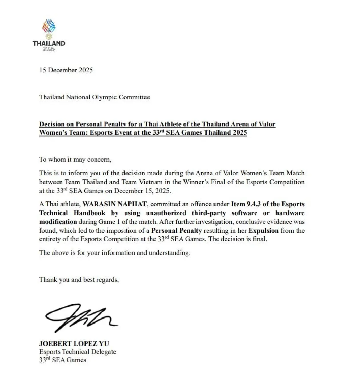 'อีสปอร์ตไทย' รับผลตัดสิน นักกีฬา ถูกขับออกซีเกมส์ ใช้โปรแกรมโกง