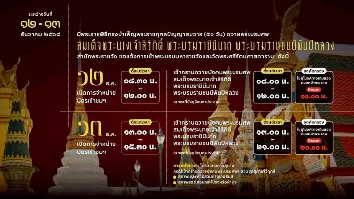 สำนักพระราชวัง แจ้งการเข้าชม พระบรมมหาราชวัง - วัดพระแก้ว วันที่ 12-13 ธ.ค. 68