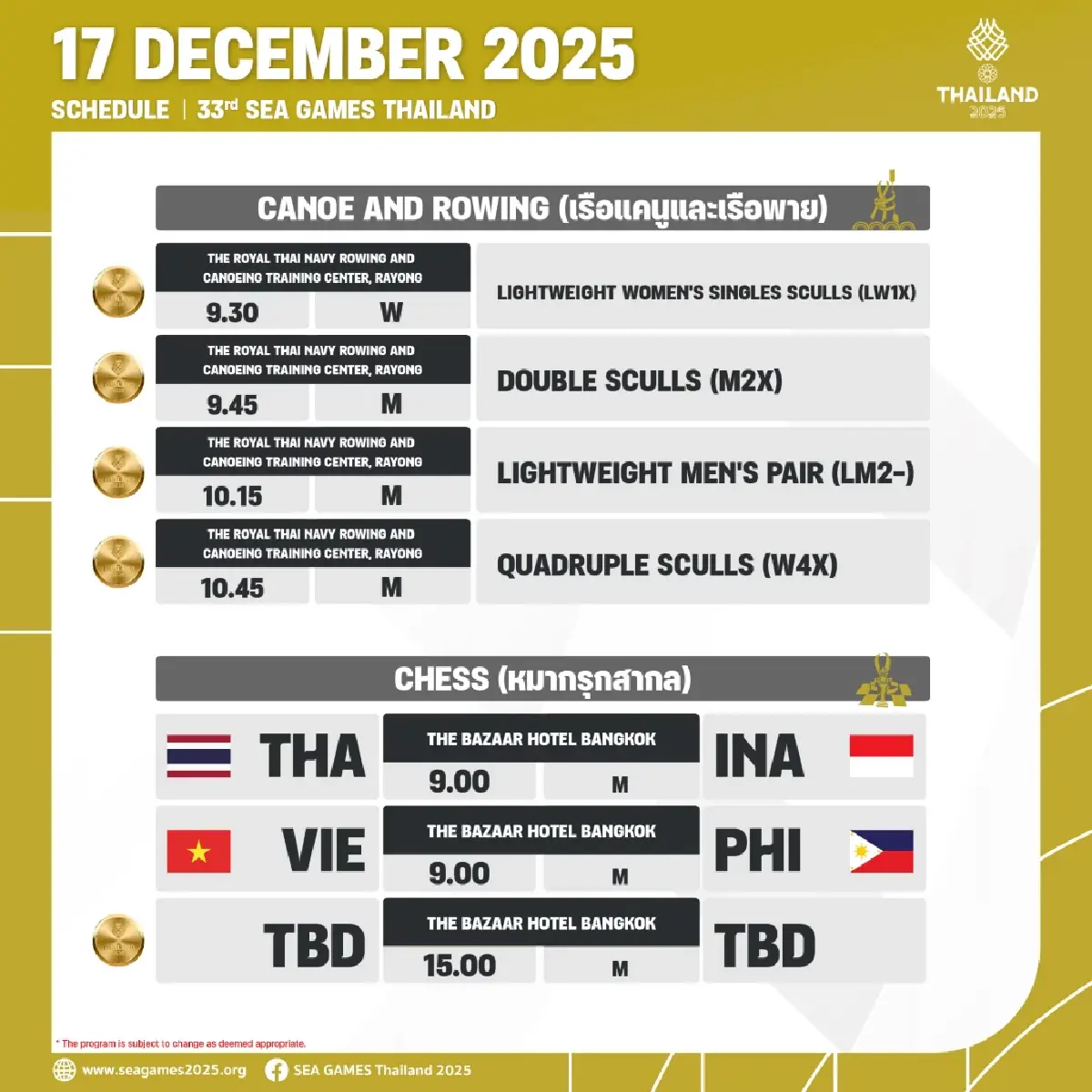 สรุปเหรียญทองซีเกมส์ 2025 (17 ธ.ค.68) โปรแกรมแข่งวันนี้ SEA Games