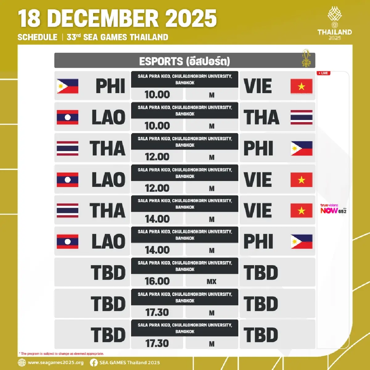 โปรแกรมวันนี้ SEA Games 2025 สรุปเหรียญทองซีเกมส์ 2025 (18 ธ.ค.68)