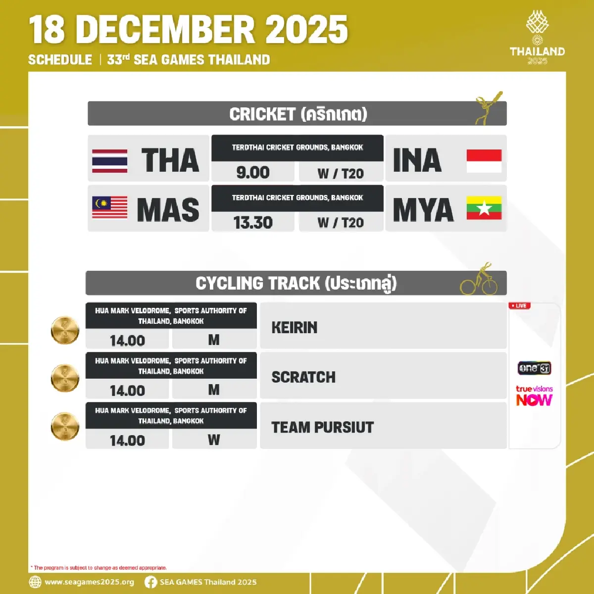 โปรแกรมวันนี้ SEA Games 2025 สรุปเหรียญทองซีเกมส์ 2025 (18 ธ.ค.68)
