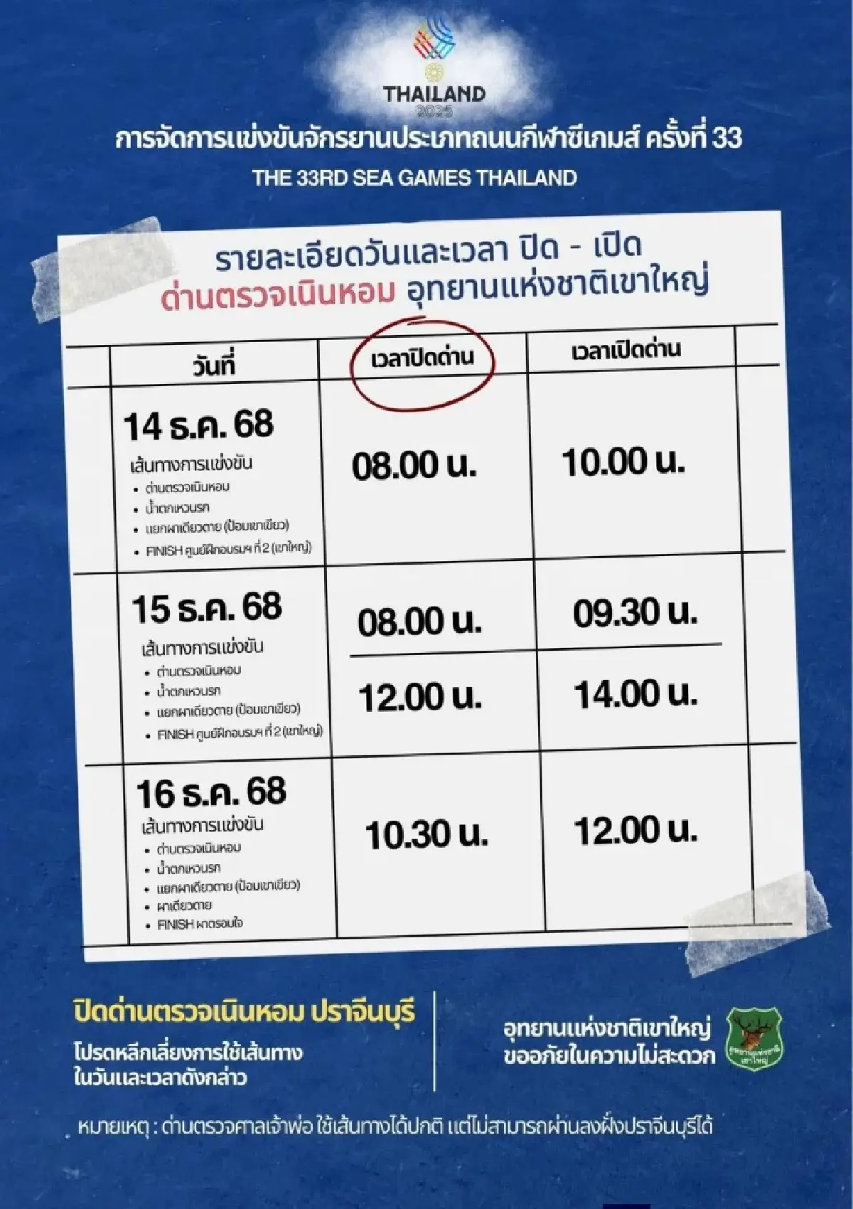 อช.เขาใหญ่ แจ้งปิดเส้นทางชั่วคราว 14-17 ธ.ค. จัดแข่งขันจักรยานซีเกมส์ ครั้งที่ 33