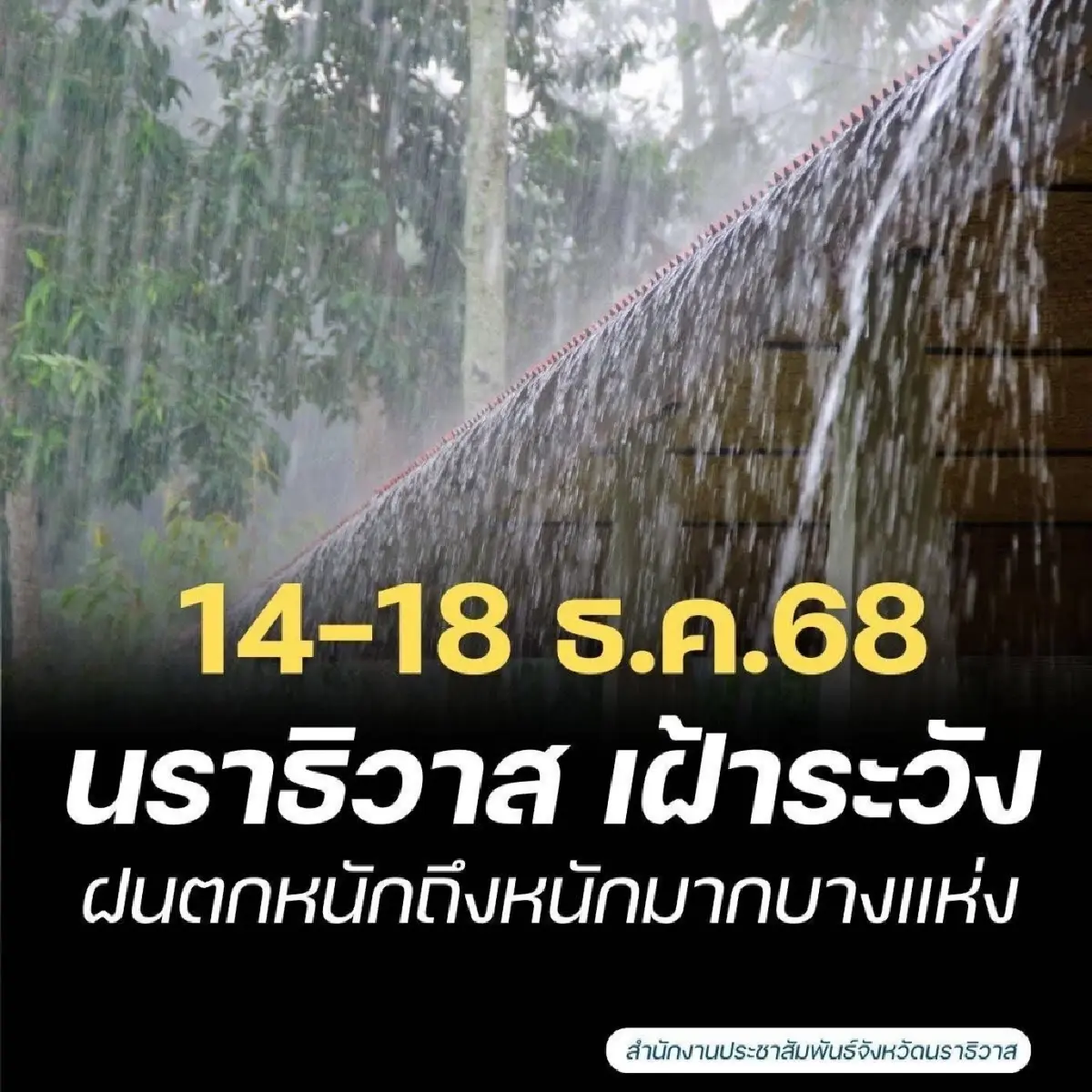 เตือน 13 อำเภอนราธิวาส ฝนตกหนักถึงหนักมาก ช่วง 14-18 ธ.ค. 68